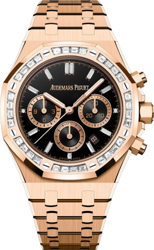 Audemars Piguet Royal Oak 26715OR.ZZ.1356OR.02 38mm Chronograph Rose Gold Diamond Set Bezel Black Onyx Diamond Baguette Dial